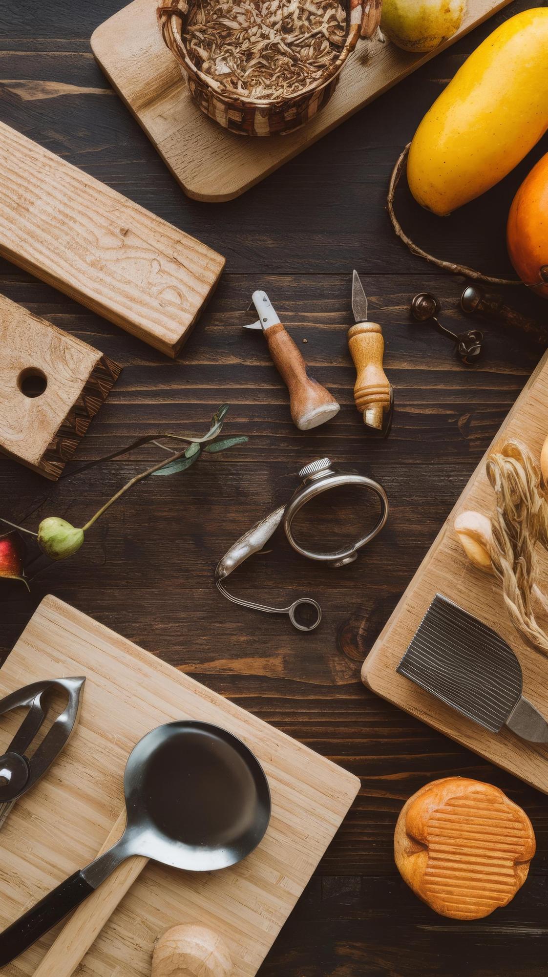 Banco di lavoro con attrezzi da cucina artigianali