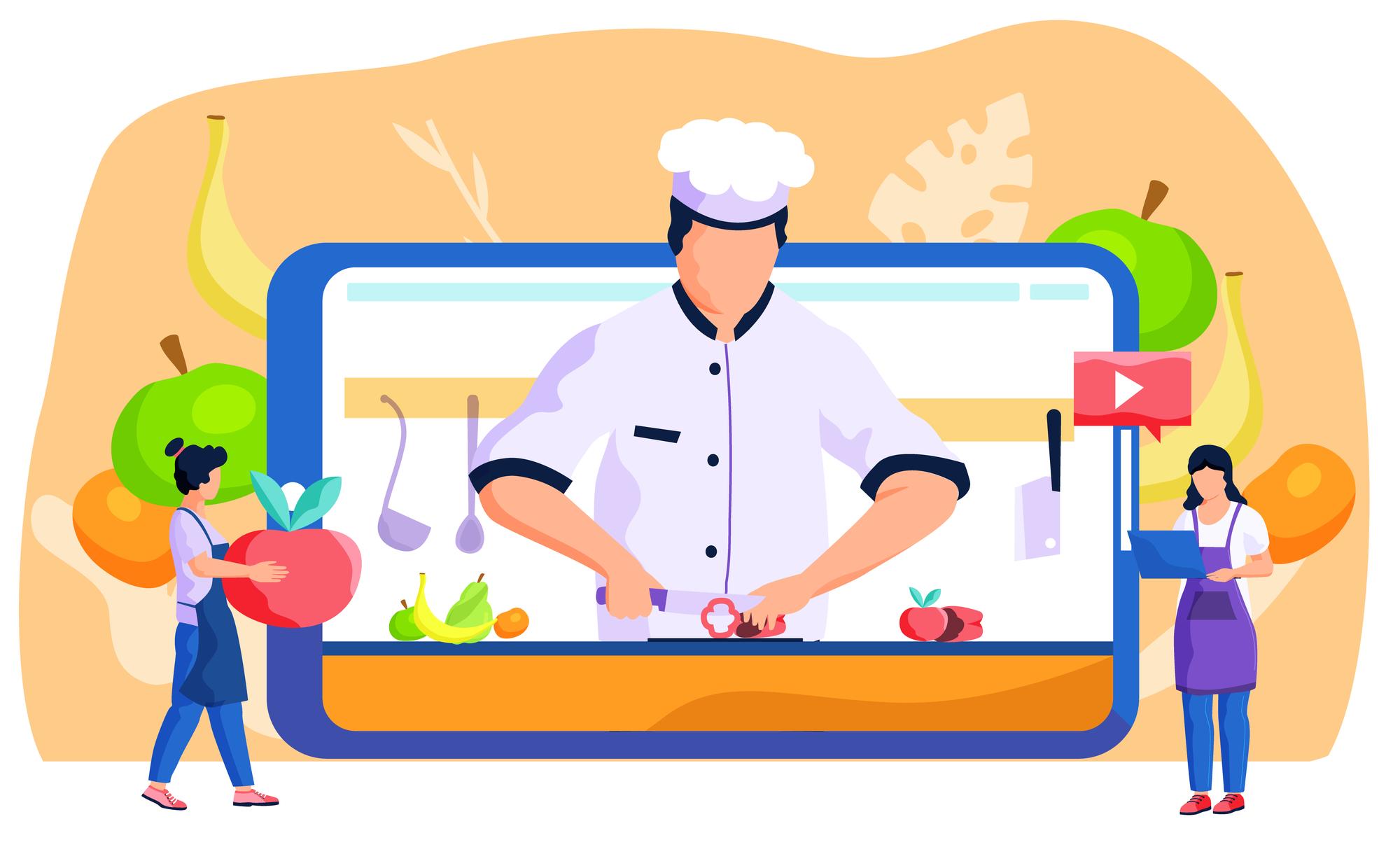 Chef che insegna in una cucina compatta